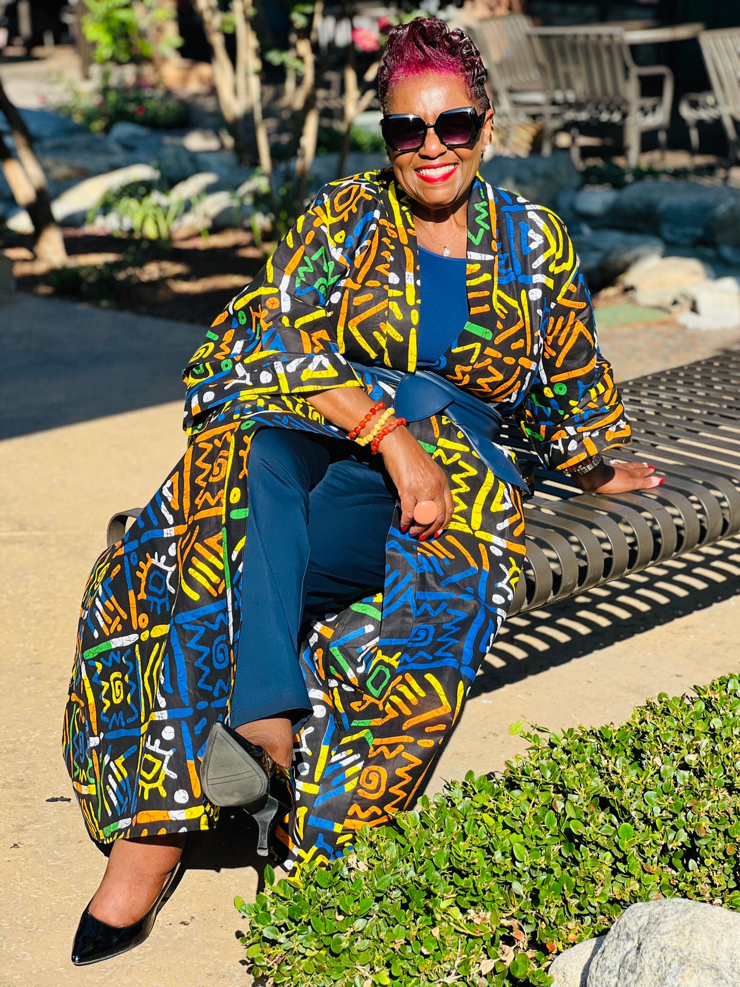 Bristol Colorful African Print Kimono, Front View. Kimono in One Size, Featuring Waist Tie and Pockets