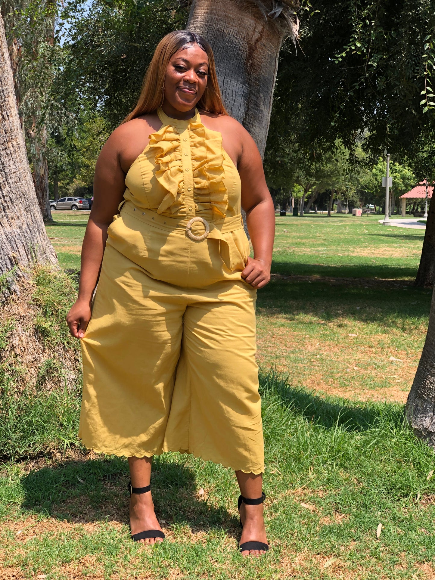 Honey Mustard Halter Jumpsuit - Shirley Girl Boutique