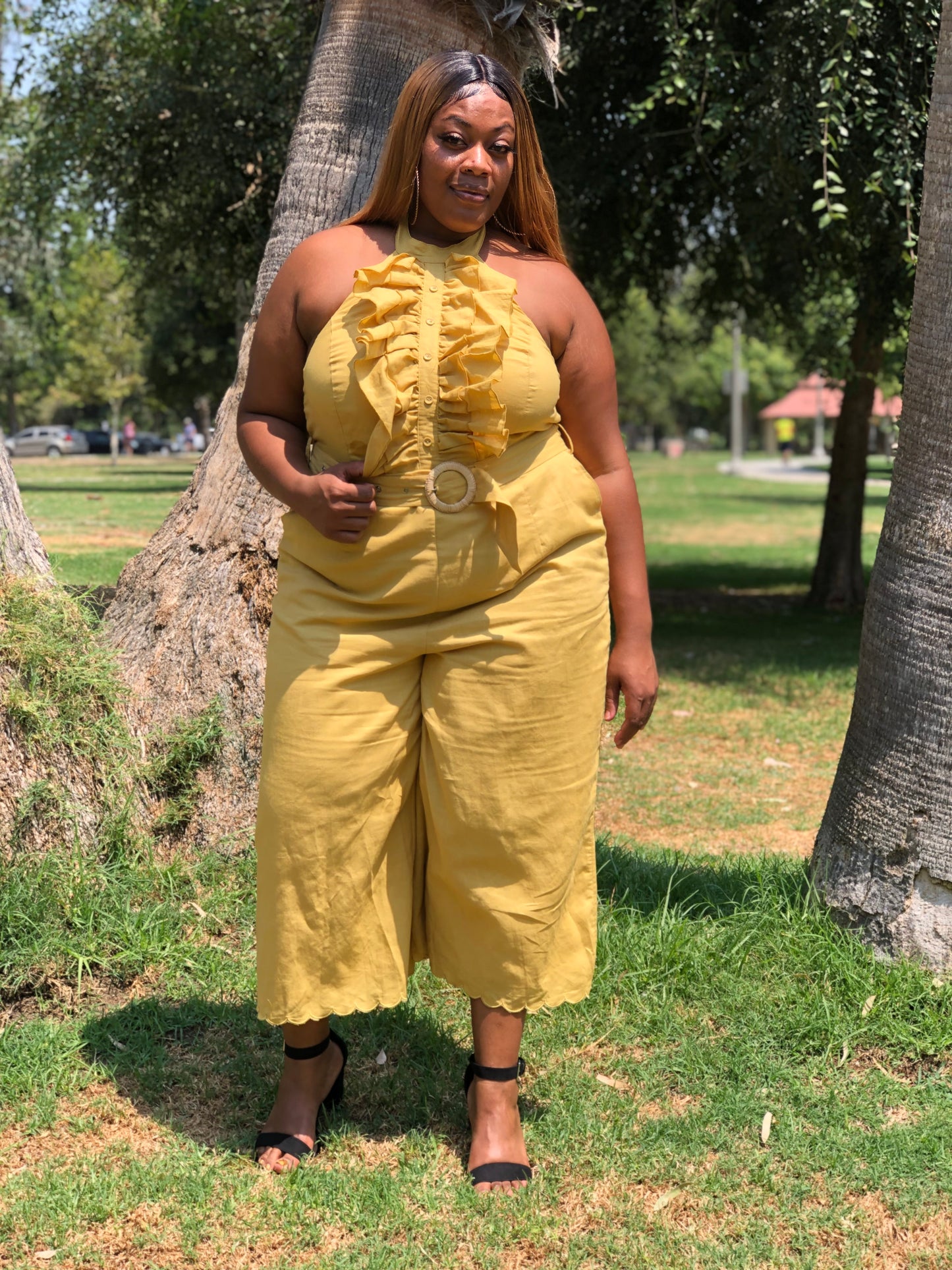 Honey Mustard Halter Jumpsuit - Shirley Girl Boutique