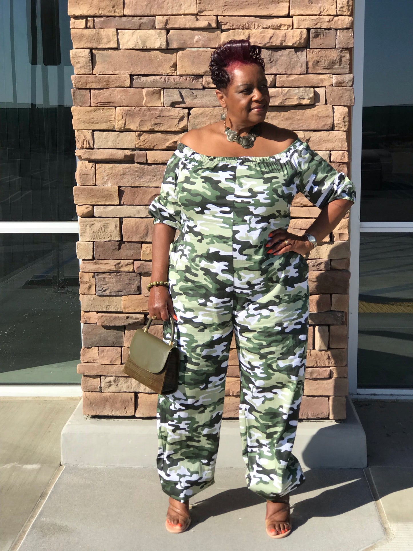 Erikah Plus Size Green Camo Jumpsuit-Shirley Girl Boutique