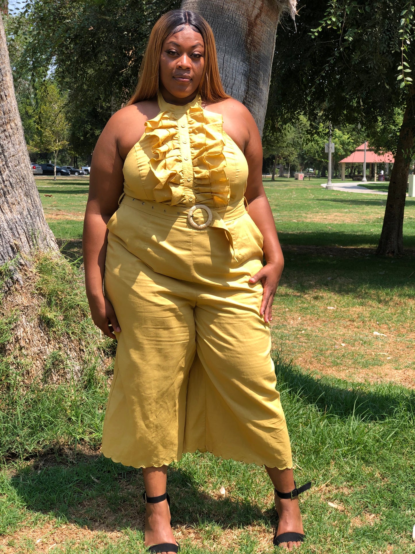 Honey Mustard Halter Jumpsuit - Shirley Girl Boutique
