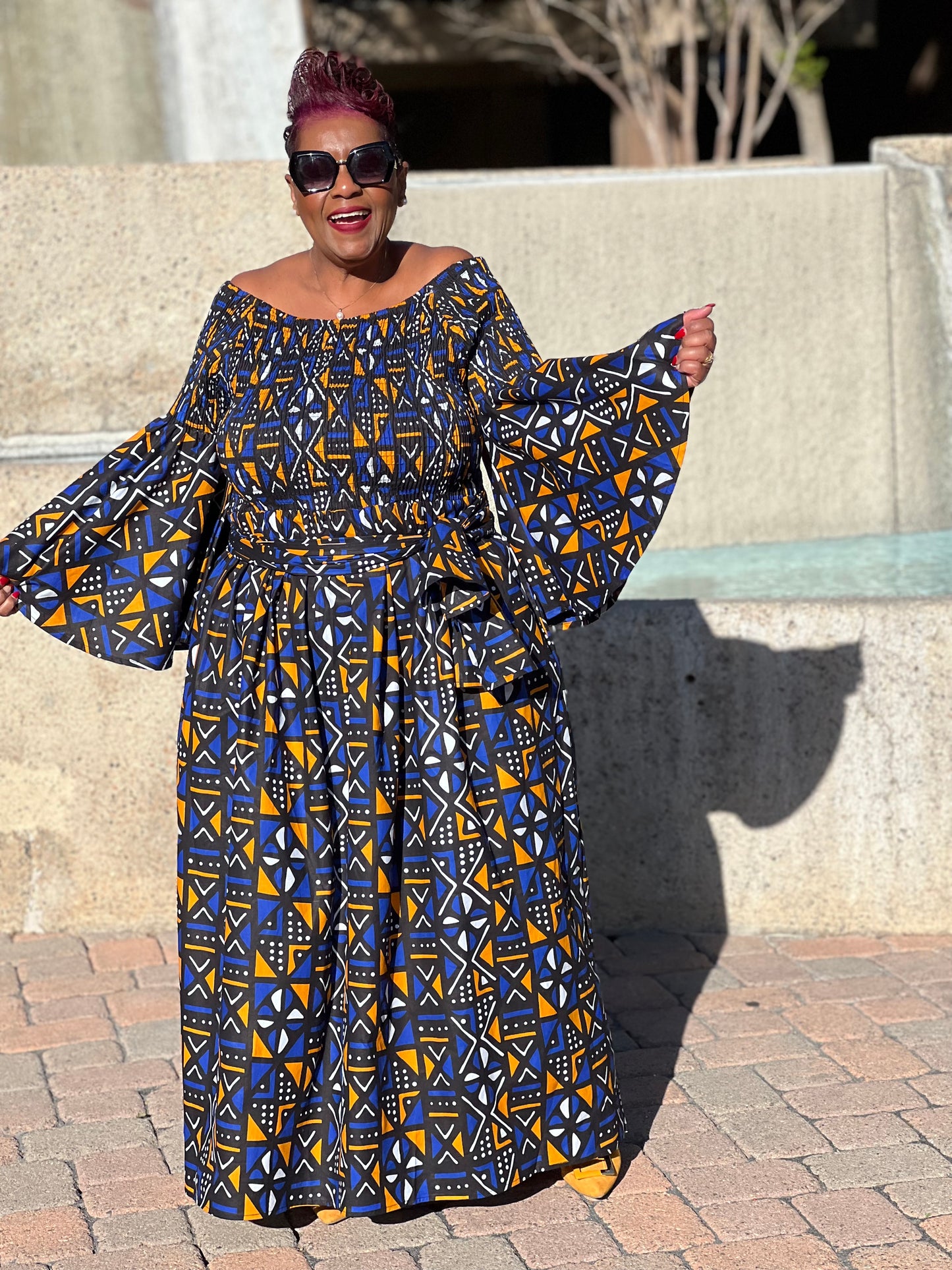 Lola  African Print Bell Sleeve Maxi  Dress- Shirley Girl Boutique